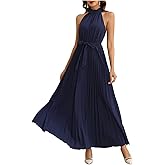 winkbay Women's Pleated Halter Maxi Dress Elegant Sleeveless Flowy Evening Party Dresses with Belt