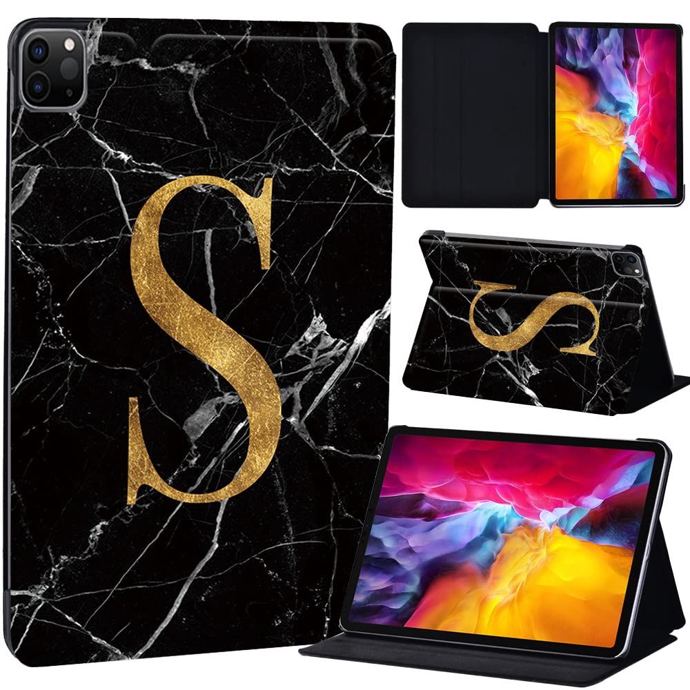 PU Leather + hard shell Ultra slim lightweight Folio Flip Tablet Stand Smart Cover Case Fit iPad Air 4 10.9" (2020) / iPad Pro 11" (2018 2020 2021) (letter S on black marble)
