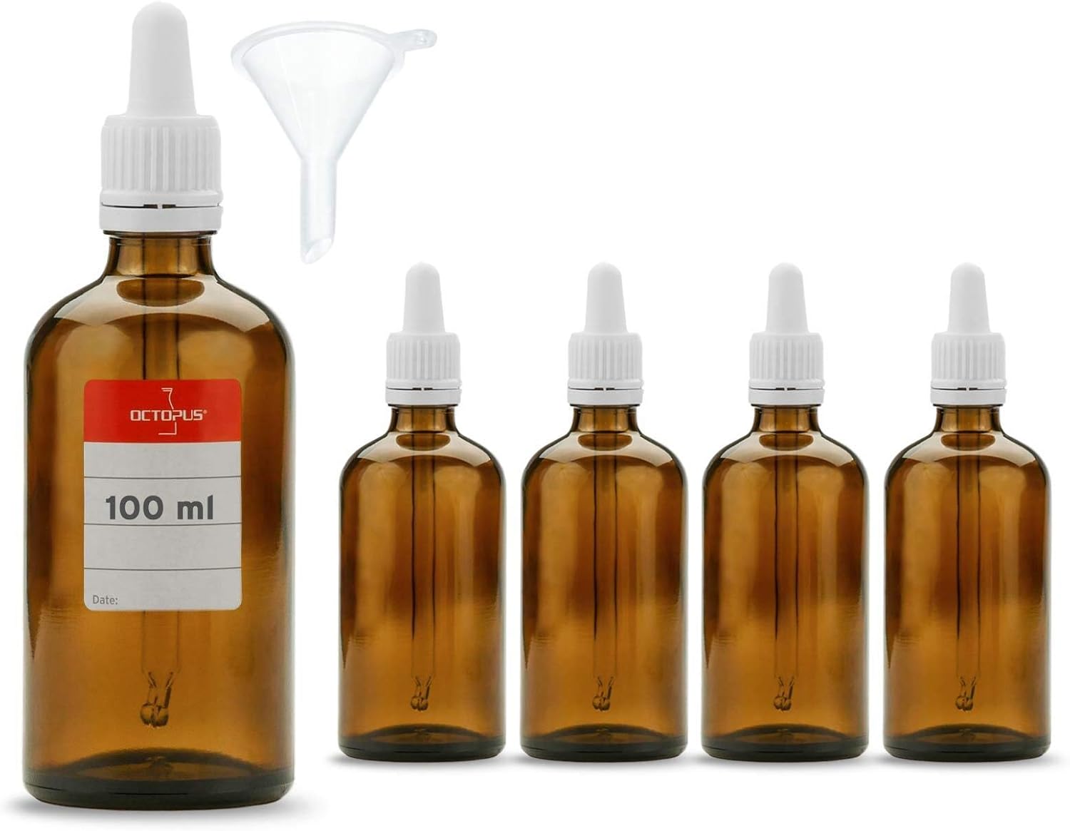 Octopus 5 x 100 ml pipette bottles with glass pipette, amber glass bottles with dosing pipette