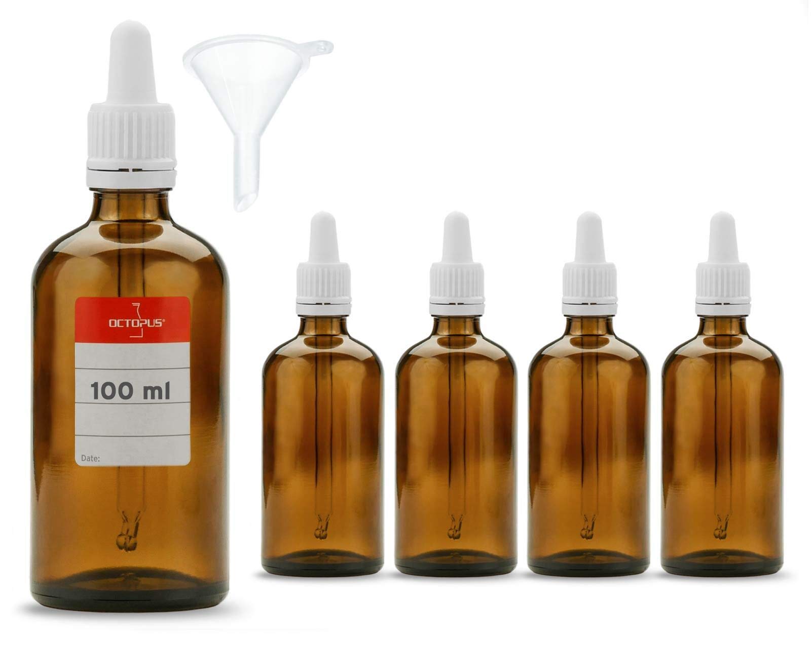 Octopus 5 x 100 ml pipette bottles with glass pipette, amber glass bottles with dosing pipette, pharmacy bottles/laboratory bottles with dropping pipette, e.g. for eye drops, Bach flowers, oils