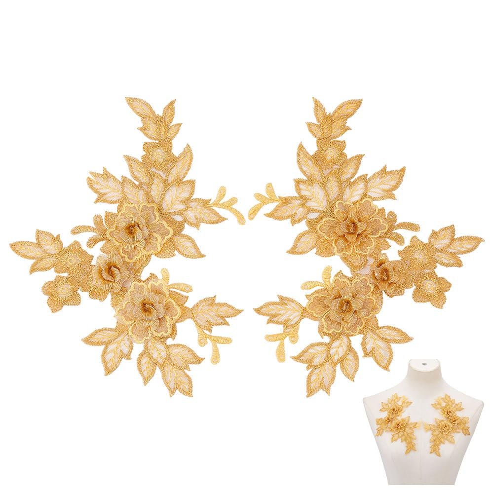 HOBBIESAY 4Pcs Gold Flower Embroidery Patch 3D Floral Applique Lace Fabric Patches Sew On Repair Patch Decoration Appliques for Wedding Dress Gown Bodice Costume Clothing Craft DIY