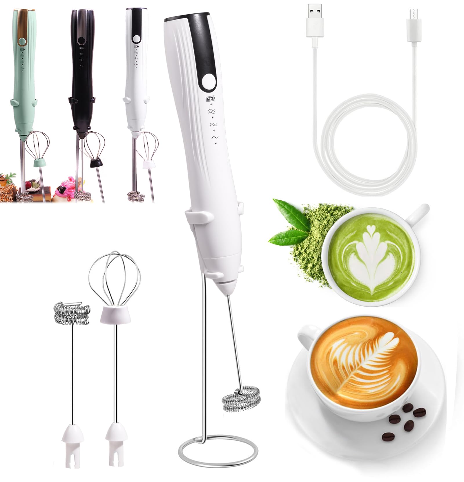 Photo 1 of Find-In-Find Milk Frother Rechargeable Handheld with Stainless Stand, Electric Whisk 3 Speed Coffee Frother Wand with 2 Heads, Drink Mixer Blender for Latte Cappuccino Matcha Egg, White