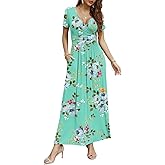CATHY Women Short Sleeve Deep V-Neck Casual Long Dress Sexy Pleated Waist Maxi Dresses with Pockets