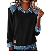 Juebong Trendy Long Sleeve Shirts for Women Denim Collar Patchwork Stitching Sweatshirt Casual Christmas Pullover