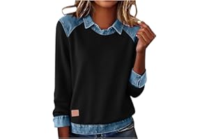 Sweatshirt Women Denim Print Patchwork Pullover Button Lapel Collar Long Sleeve Shirts Casual Lightweight Tops