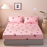 Kids Fitted Sheet King Size Girls Cute Strawberry Bedding Set for Children Bedroom Decor Girly Cartoon Fruit Print Bed Sheet Set Lovely Pink Bed Cover with 2 Pillow Cases,Flat Sheet not Included