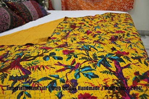 Sunita Enterprises 100% Handmade Indian Kantha Quilt Blanket Comforter - Yellow Shade Flowers Bird of Paradise Quilt, Ethnic Bohemian, Mediterranean Bedding | Premium Quality | Queen Size
