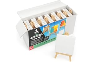 ARTEZA Mini Canvases for Painting with Easels, Pack of 14, 4 x 4 Inches, 100% Cotton, 8 ounces Primed Stretched Canvas Bulk, Pine Wood Easels