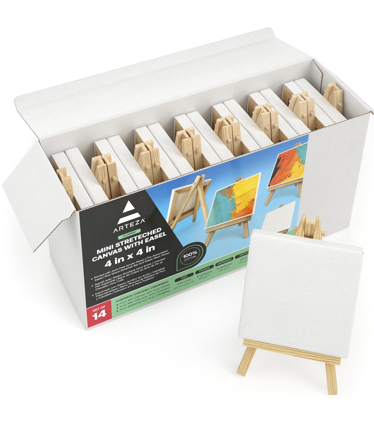 ARTEZA Mini Canvases with Easels 10.16 x 10.16 cm, Pack of 14, 100% Cotton Small Stretched Canvas & Solid Pine Wood Easel, Art Supplies for Painting Parties, Crafts, & Classrooms