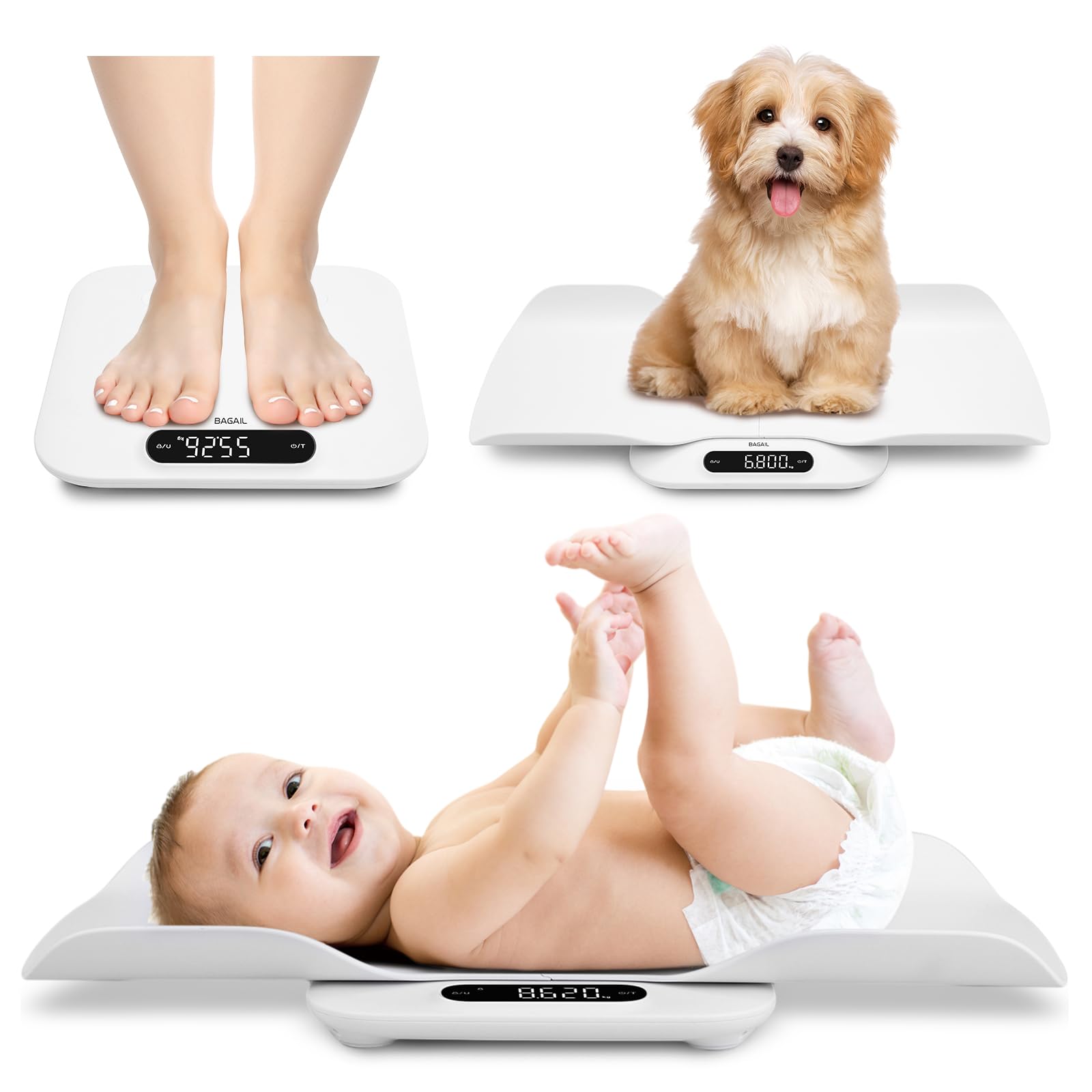 BAGAIL Baby Scale with Detachable Tray, Auto-Rotation Readings, Tare, Auto Lock and Comparison, Universal Digital Weighing Scale for Infant, Pet, Toddler and Adult, Max Weight Up to 400lb/180kg