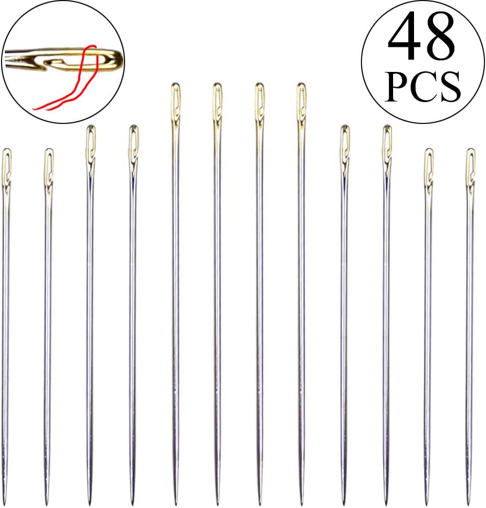 48 Pcs Self-Threading Needles Big Eye Sewing Self Threading Stainless Steel Opening Sewing Darning Needles One Second-Needle (48 PCS)