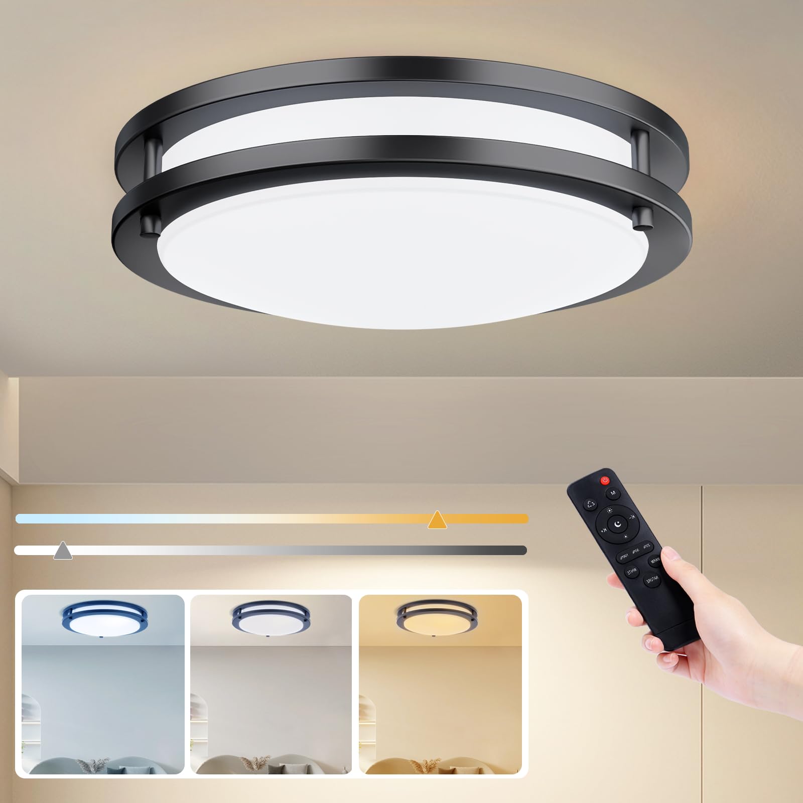 Kalium LED Ceiling Light with Remote 13 Inch Flush Mount Ceiling Light Fixture, 24W 3000K-6000K Adjustable Color Temperature, Dimmable Lighting Fixtures for Kitchen Bedroom Hardwired Installation Image