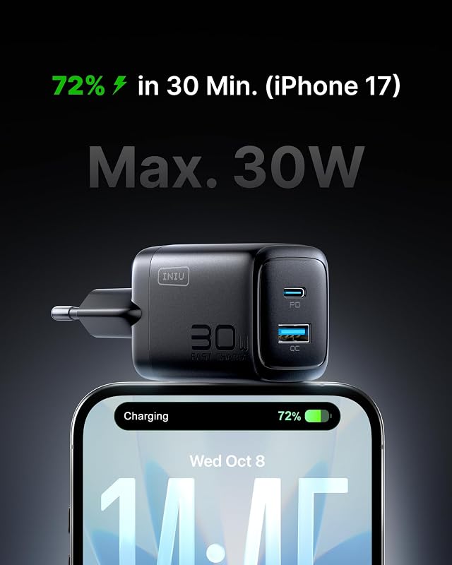 30W USB C Ladegerät, Dual-Port GaN Schnellladegerät mit 1,5m 60W Kabel