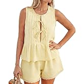 Xfileen Women Summer 2 Piece Sets Fashion Pleated Tie Front Tops and Shorts set Cozy Cotton Pajamas Set