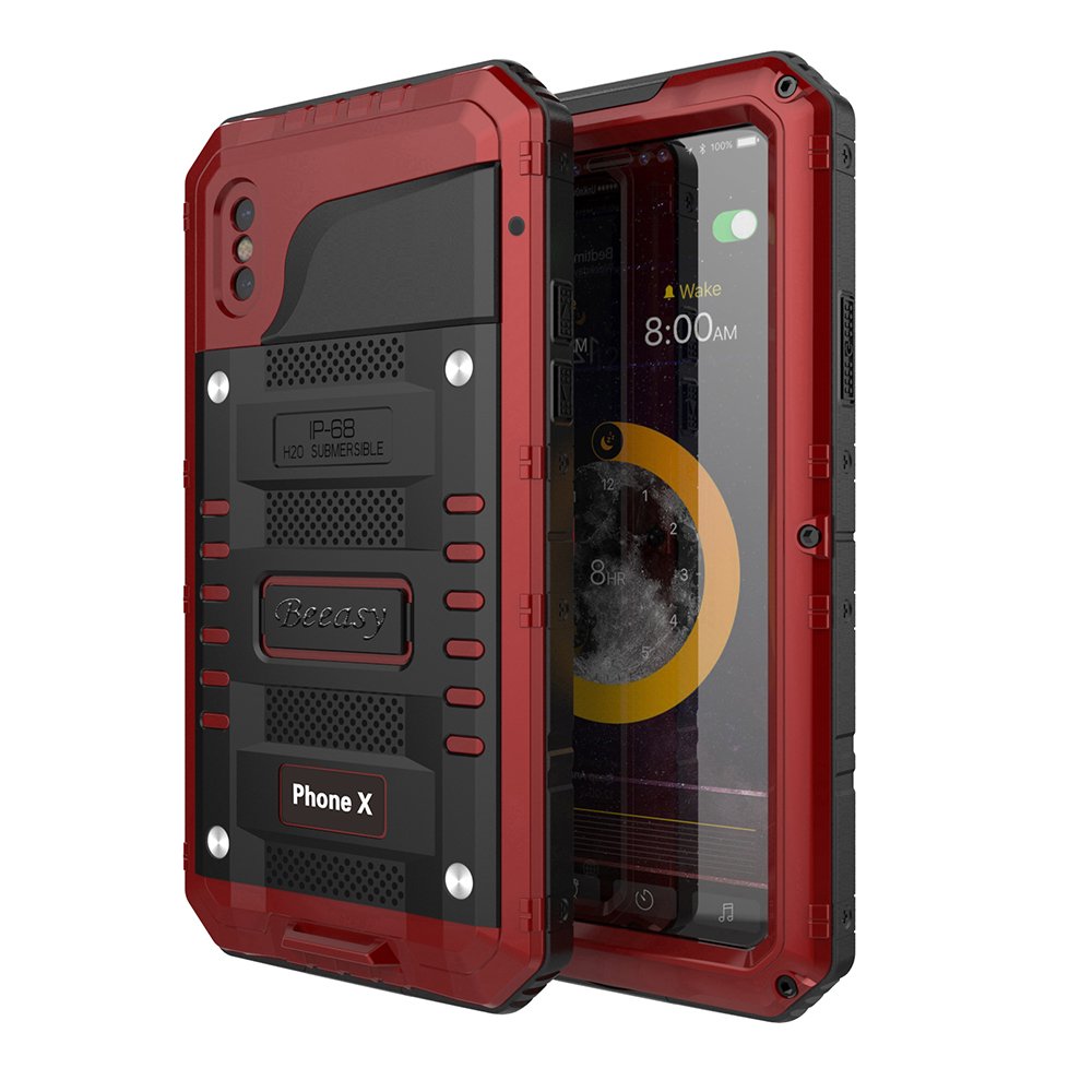 Beeasy iPhone X Waterproof Case Heavy Duty with Build in Screen, iPhone 10 Cover Strong Metal Full Body Protective, Shockproof Drop Proof Tough Military Defender for Outdoor Sports,Red — image 1