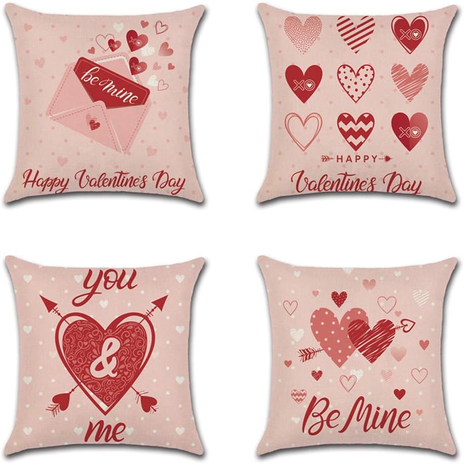 4 Pieces Love Heart Valentine's Day Pillow Covers 18" x 18", Linen