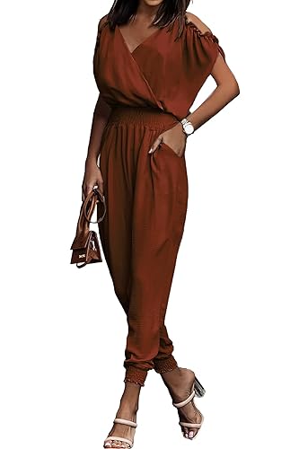 PRETTYGARDEN Jumpsuit for Women Casual Wrap V Neck Cold Shoulder