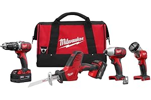 Milwaukee 2695-24 M18 18V Cordless Power Tool Combo Kit with Hammer Drill, Impact Driver, Reciprocating Saw, and Work Light (2 Batteries, Charger, and Tool Case Included)