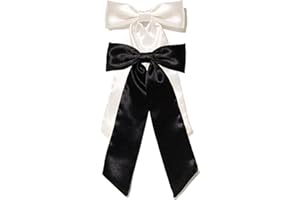 Furling Pompoms Bow Hair Clips with Long Tail 2pcs Hair Ribbon Bows for Women Satin Bowknot Spring Clip Big Bows for Girls Hair Accessories Party Wedding Prom Daily Outfits (Black White Bows)