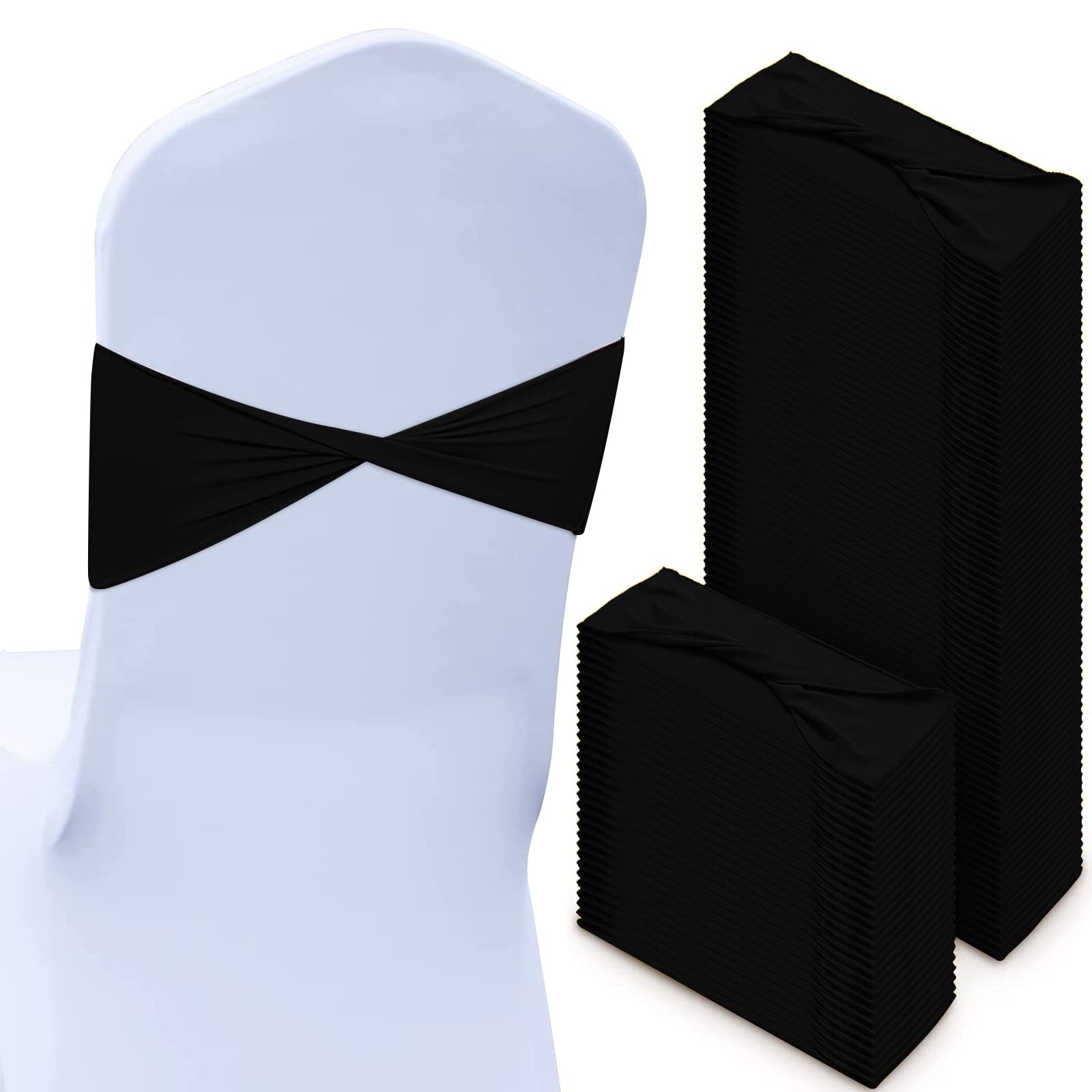 Photo 1 of CHENGU 100 Pcs Spandex Chair Sashes Plain Bow Wedding Royal Chair Bands Without Buckle Birthday Decorations Elastic Ties Spandex Slider Sashes for Events Party Ceremony(Black)