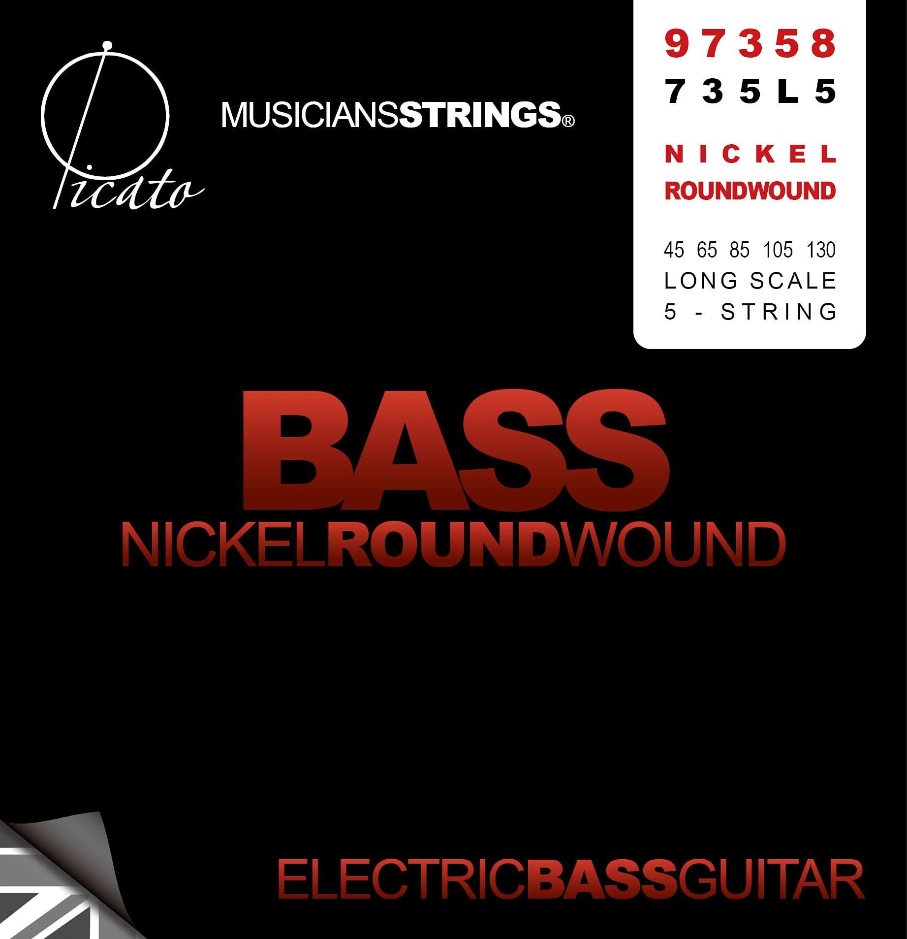Picato 97358 Bass Guitar Nickel Roundwound 5 String Set, 45-130