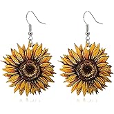 Unique Simple Handmade Wooden Sunflower Daisy Flower Dangle Drop Earrings Bohemian Colour Sunflower Earrings for Women Elegant Summer Boho Jewelry