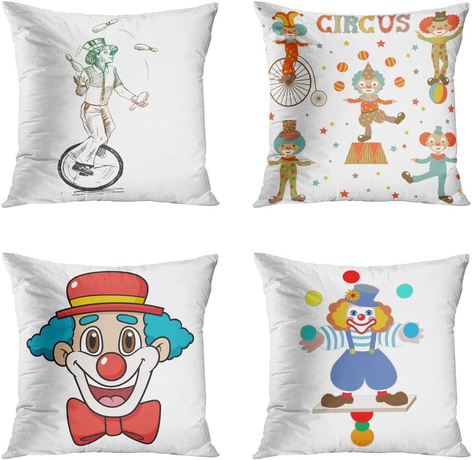 Moladika Set of 4 Throw Pillow Covers 20x20 Inch Square Funny Clown Juggling Balls While Riding Retro Style Clowns Cartoon Face Hat Flower Balancing Cushion Home Decor Sofa Bedroom Pillowcase