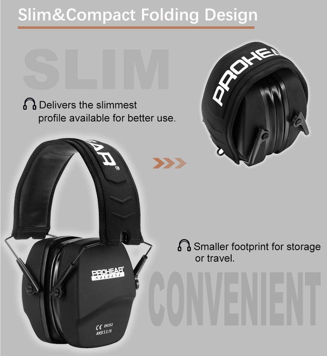 PROHEAR 016-GEP02 Shooting Ear Protection Safety Muffs with Gel Ear Seals, NRR 26dB Noise Reduction Slim Low Profile Passive Earmuffs, Folding Hearing Protector for Airsoft, Hunting (Black): Home Improvement
