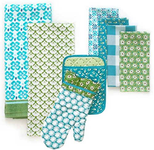 The Pioneer Woman Kitchen Set Flea Market Teal Towel, Oven Mitt, Pot Holder and Napkins - 8 Piece Set …