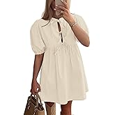 AGTCARE Womens Casual Dresses Short Puff Sleeve A-Line Mini Dress with Hidden Buttons for Summer