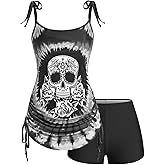 Rosegal Womens Plus Size Skull Rose Tie Dye Print Cinched Ruched Tie Boyshorts Tankini Swimsuit Set