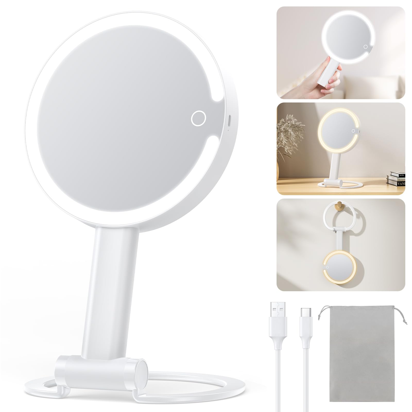 Gospire Magnifying Mirror with Light 10X 1X 2-Sided Magnification Travel Makeup Mirror Rechargeable 3 in 1 Hand Held Desk Hanging, 3 Color Dimmable Lights LED - White