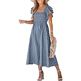 CUPSHE Women's Summer Dress Square Neck Striped Smocked Dress Ruffled Cap Sleeves Dress A Line Maxi Formal Dress