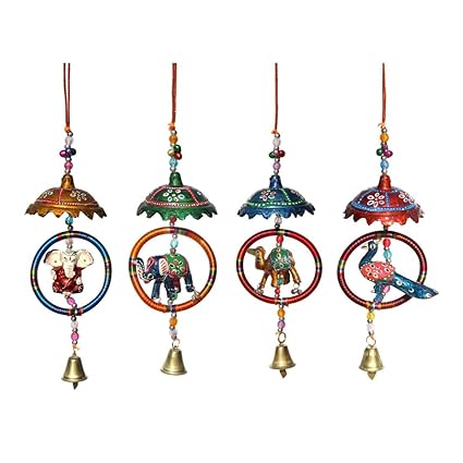 Door Hanging Painted Umbrella with Ring Surrounding Ganesha,Elephant, Camel, Peacock with Metal Bell Set of 4 by Handicrafts Paradise