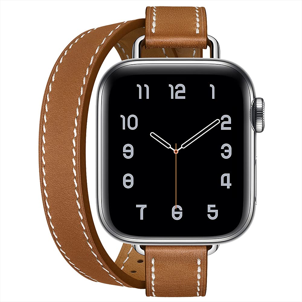 Fsavlroy Compatible with Apple Watch Band 40mm 41mm 42mm,Genuine Leather Women Double Tour Slim Wristband for iWatch Ultra Series 11/10/9/8/7/6/5/4/SE(40/41/42mm,Brown)