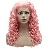 MX angel Curly Wig Pink Synthetic Lace Front Wig Heat Resistant Fiber Hair Half Hand Tied Cosplay Party Wig