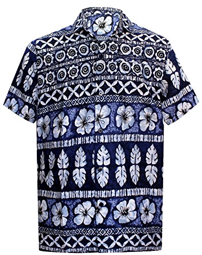 La Leela Likre Floral Hibiscus leaf Vintage Hawaii Casual Hawaiian Beach aloha Royal Blue -Hibiscus 3XL