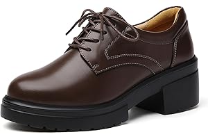 QJN Platform Oxfords for Women Chunky Oxford Heels Women's Pumps Lace Up Shoes Office Work Ladies Casual Business Dress Shoes