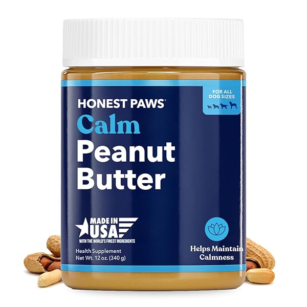 HONEST PAWS CALMING PEANUT BUTTER FOR DOGS – DOG SUPPLEMENT WITH ASHWAGANDHA, VALERIAN ROOT & L-TRYPTOPHAN – SUPPORTS RELAXATION & BALANCED BEHAVIOR – MADE IN USA – 12 OZ