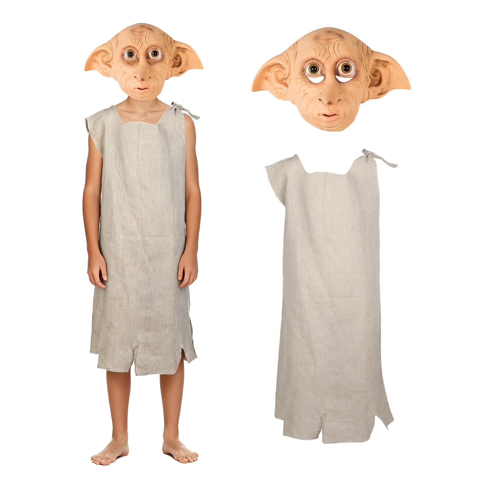 SINSEN Dobby Costume Mask Kids House Elf Shirt Dobby Ears Latex Mask Halloween Cosplay Outfit Funny Fancy Dress for Children Boys Girls (150)