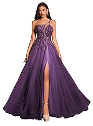 Tulle Plum Prom Dresses with Slit Spaghetti Straps