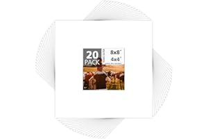 Mat Board Center, Pack of 20, 8x8 for 4x4 White Photo Picture Mats - Acid Free, 4-ply Thickness, White Core - for Pictures, P