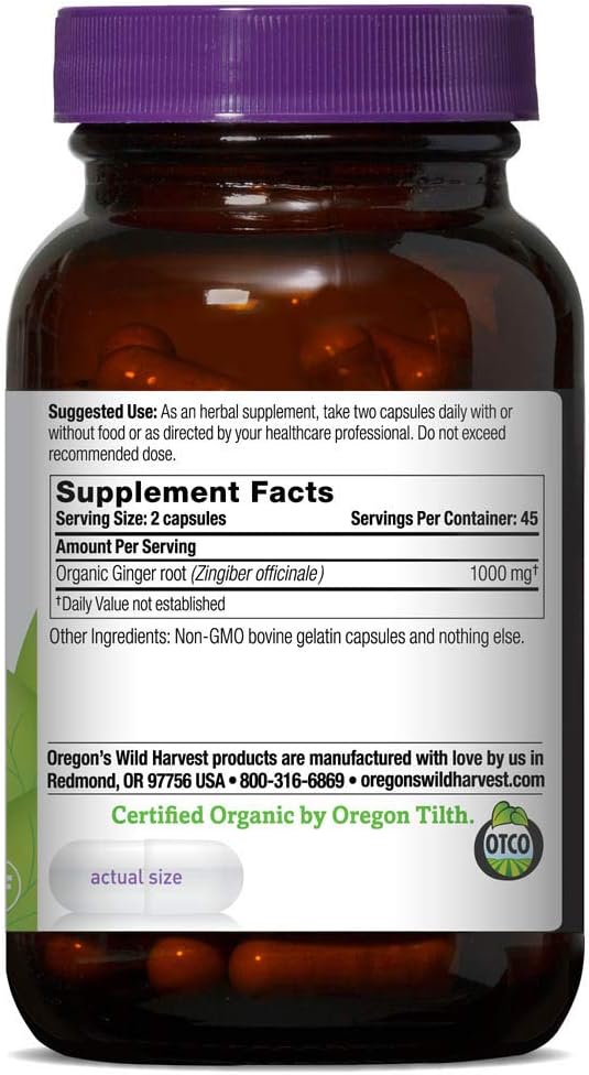 Oregon's Wild Harvest, Certified Organic Ginger Capsules for Stomach Support, Non-GMO, 1000 mgs, 90 Ct: Health & Personal Care