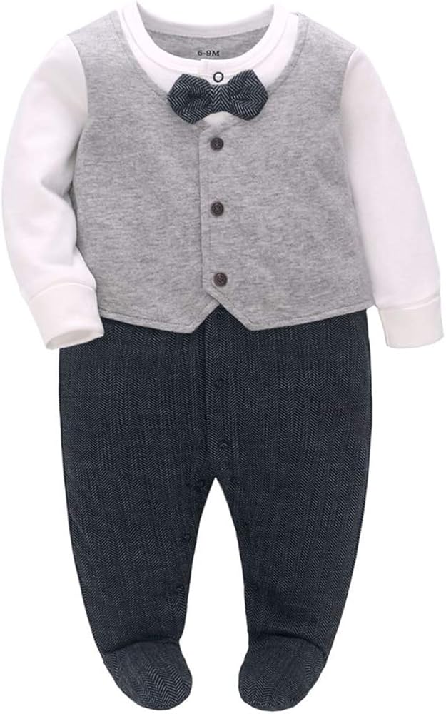 Amazon Com Famuka Baby Boy Formal Suit One Piece Footed Romper Tuxedo Wedding Outfit Party Dress Light Grey 0 3 Months Clothing