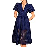 Kaei&Shi V Neck Midi Dress for Women,Puff Sleeve Empire Waist Plaid Organza Dresses,Elegant Formal Wedding Guest Outfits Navy Blue Small