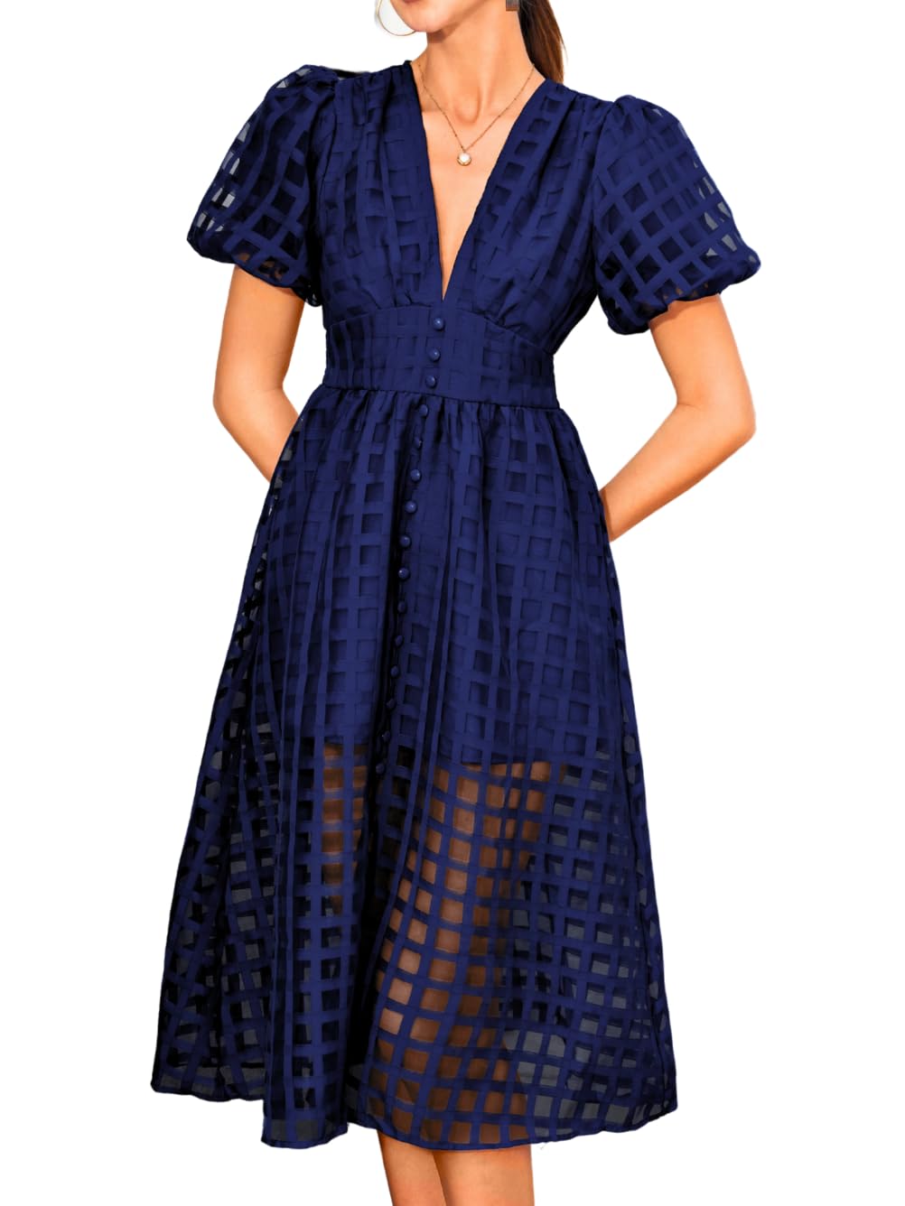 Photo 1 of Kaei&Shi V Neck Midi Dress for Women,Puff Sleeve Empire Waist Plaid Organza Dresses,Elegant Formal Wedding Guest Outfits Navy Blue Large
