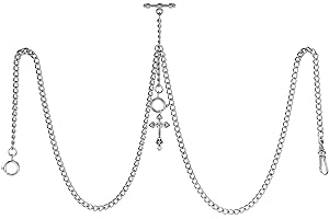 TREEWETO Men's Double Albert Chain Pocket Watch Curb Link Key Chain 3 Hooks with Antique Cross Pendant Design Charm Fob T Bar
