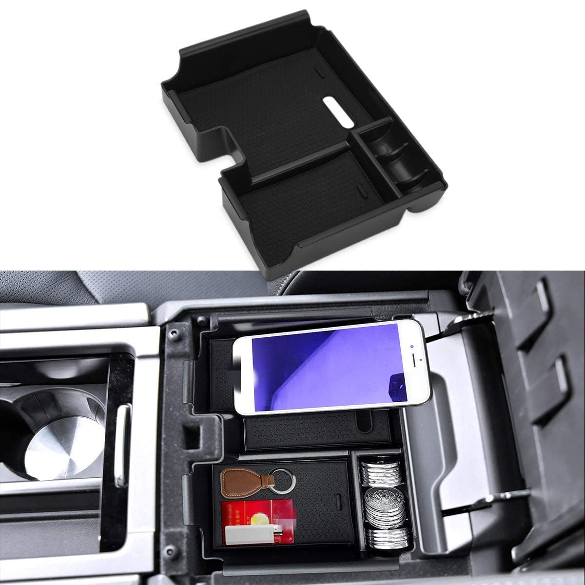 MARCHFA Center Console Organizer Tray Fit for Evoque 2011-2018 Armrest Box Secondary Storage Accessories with Non-Slip Mat (Black)