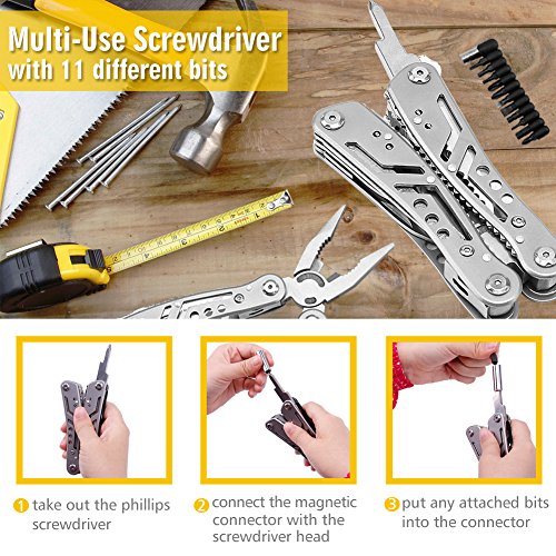 Multitool 24-in-1 Pocket Multi Tool Plier Knife Kit Heavy Duty Stainless Steel Multi-purpose Tool for Hunting Hiking Camping Outdoor Survival with Multifunctional Bracelet & Nylon Sheath (Multi-Plier)