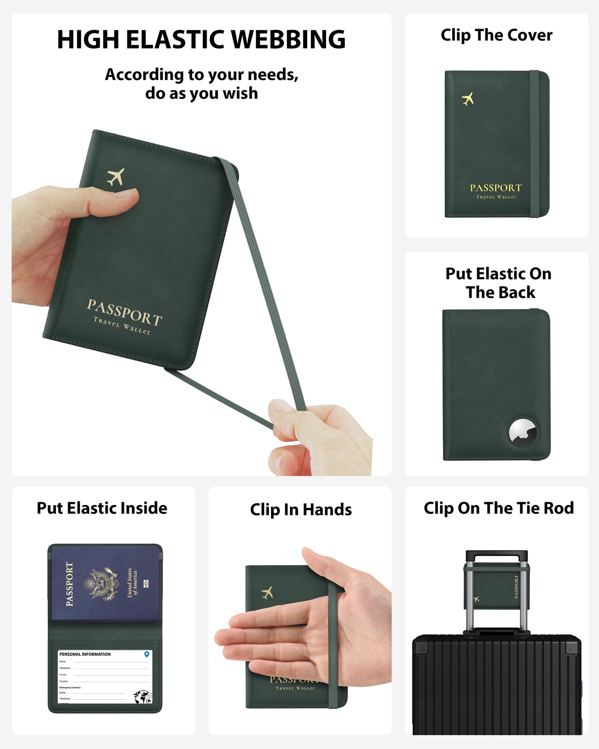 Stouchi Passport Holder with Airtag Slot, Airtag Passport Wallet for Men, Slim Leather Passport Holder Case Family for Travel Anti-Lost, Green
